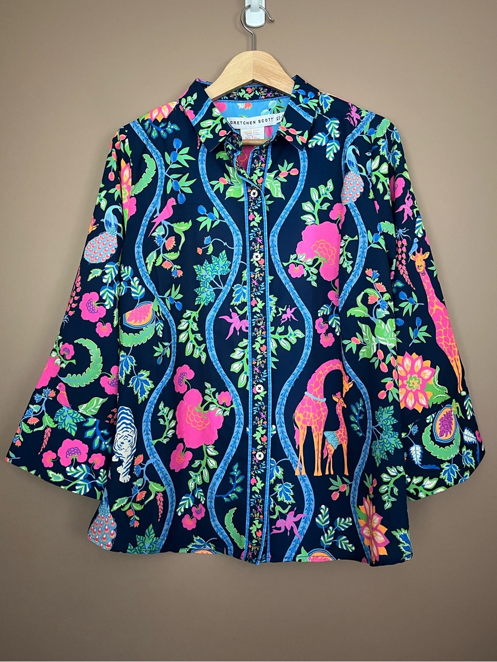 {Gretchen Scott} Forget Me Knot Button Down Top in Jungle Symphony Navy - XL